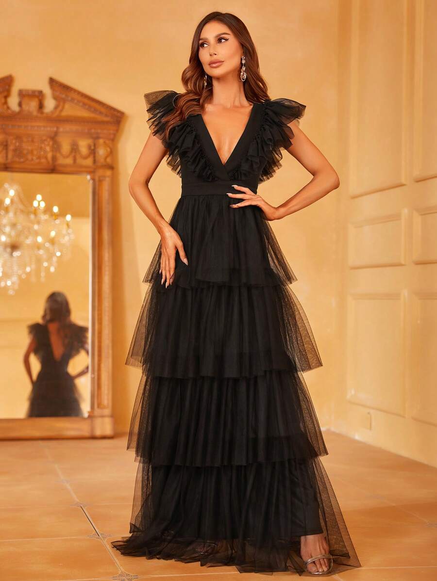 Vestido de boda con volantes y tela de malla - Negro - Ver 1