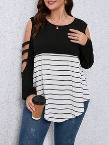 大碼條紋圖案鏤空T恤 - 黑與白 - 查看 4