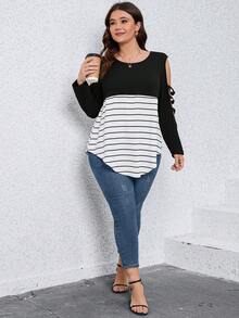 大碼條紋圖案鏤空T恤 - 黑與白 - 查看 6