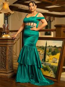 seomiscky 大碼挖肩嵌入網紗荷葉邊派對禮服 - 綠色 - 查看 3