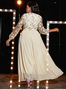 大碼花卉刺繡網紗覆蓋伴娘連衣裙 - 杏色 - 查看 2