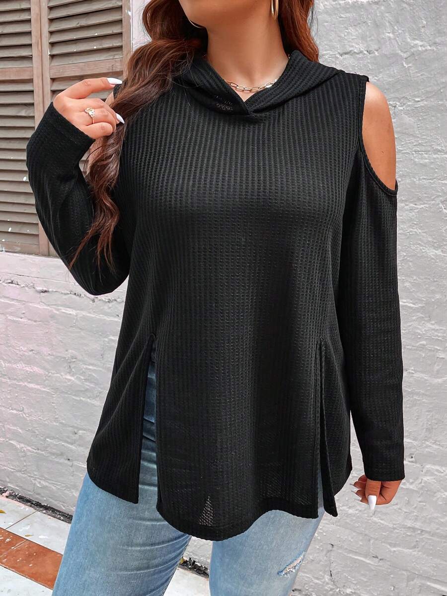 Felpa oversize con spalle scoperte e orlo spaccato - nero - Visualizzare 1