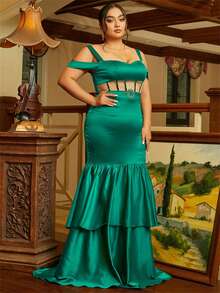 seomiscky 大碼挖肩嵌入網紗荷葉邊派對禮服 - 綠色 - 查看 7