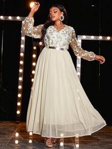 大碼花卉刺繡網紗覆蓋伴娘連衣裙 - 杏色 - 查看 5