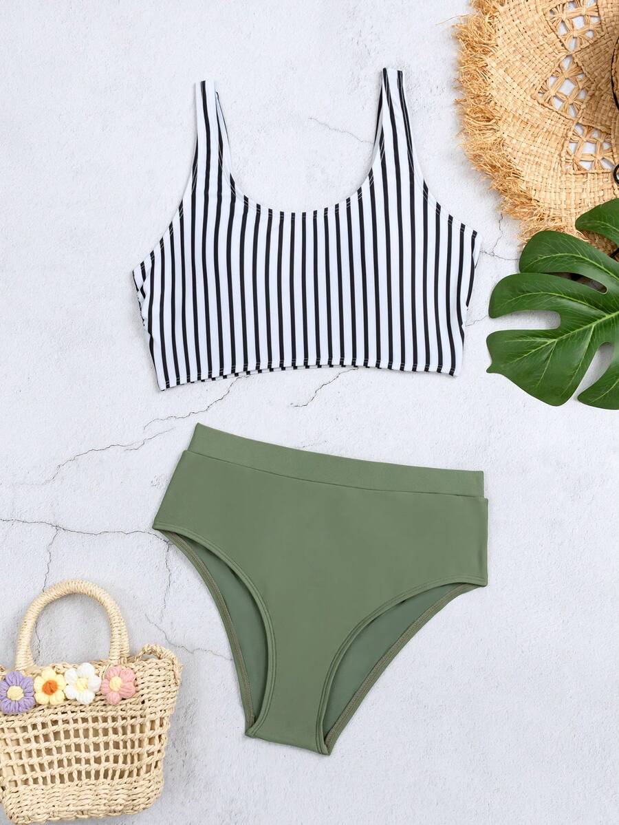 Striped High Waisted Bikini Set For Summer Beach - Multicolor - View 1
