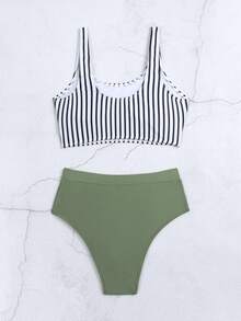 Striped High Waisted Bikini Set For Summer Beach - Multicolor - View 2