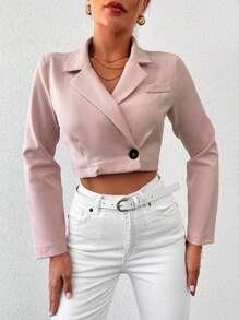 RueChic Lapel Neck Single Button Crop Blazer - Baby Pink - View 1