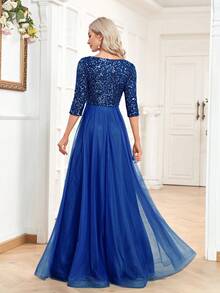 Đầm dạ hội XUIBOL phối màu, đính sequin, viền lưới, dáng chữ A, tay dài, cổ chữ V sang trọng, thích hợp cho tiệc tùng, cocktail tay dài, dạ hội. - Xanh đậm - Xem 3