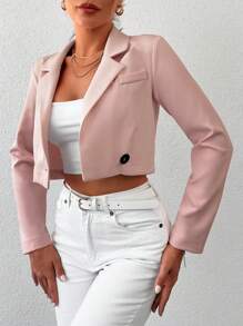 RueChic Lapel Neck Single Button Crop Blazer - Baby Pink - View 3