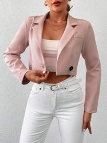 RueChic Lapel Neck Single Button Crop Blazer - Baby Pink - View 4
