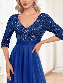 Đầm dạ hội XUIBOL phối màu, đính sequin, viền lưới, dáng chữ A, tay dài, cổ chữ V sang trọng, thích hợp cho tiệc tùng, cocktail tay dài, dạ hội. - Xanh đậm - Xem 7