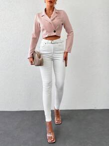 RueChic Lapel Neck Single Button Crop Blazer - Baby Pink - View 5
