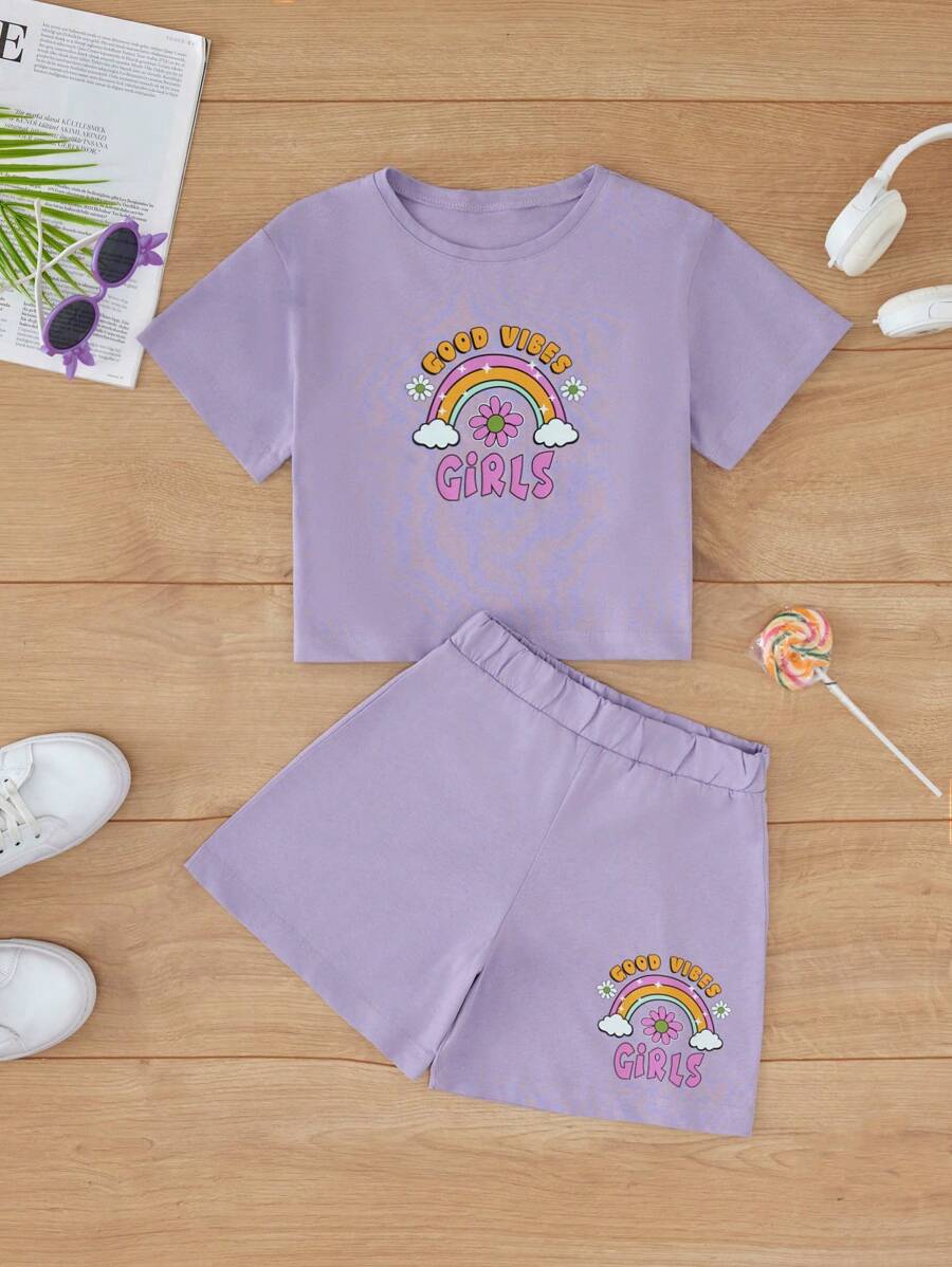 RueChic Thiếu niên cô gái Cầu vồng In thư Vòng cổ Ngắn tay Áo thun Với Eo đàn hồi Giải trí Bộ quần short - Màu Lilac Tím - Xem 1