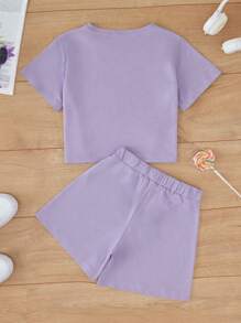 RueChic Thiếu niên cô gái Cầu vồng In thư Vòng cổ Ngắn tay Áo thun Với Eo đàn hồi Giải trí Bộ quần short - Màu Lilac Tím - Xem 2