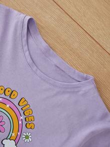 RueChic Thiếu niên cô gái Cầu vồng In thư Vòng cổ Ngắn tay Áo thun Với Eo đàn hồi Giải trí Bộ quần short - Màu Lilac Tím - Xem 4