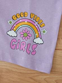 RueChic Thiếu niên cô gái Cầu vồng In thư Vòng cổ Ngắn tay Áo thun Với Eo đàn hồi Giải trí Bộ quần short - Màu Lilac Tím - Xem 7