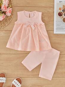 男嬰前蝴蝶結網眼刺繡背心上衣和短褲 - 淺粉色 - 查看 1