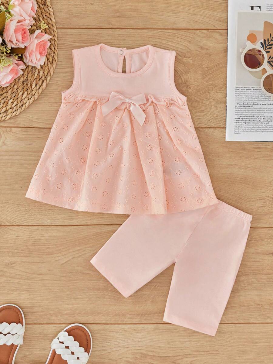 男嬰前蝴蝶結網眼刺繡背心上衣和短褲 - 淺粉色 - 查看 1