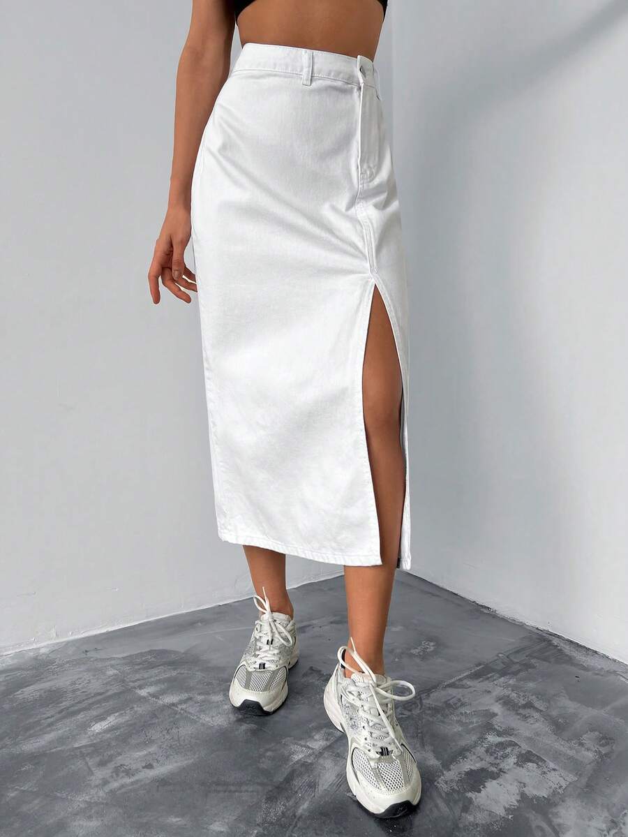 Cottnline Chất rắn Tách đùi Váy Denim - trắng - Xem 1