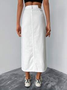 Cottnline Chất rắn Tách đùi Váy Denim - trắng - Xem 2