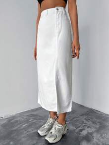 Cottnline Chất rắn Tách đùi Váy Denim - trắng - Xem 4