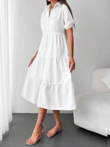 EURMUSE Puff Sleeve Ruffle Hem Dress - White - View 3