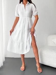 EURMUSE Puff Sleeve Ruffle Hem Dress - White - View 4