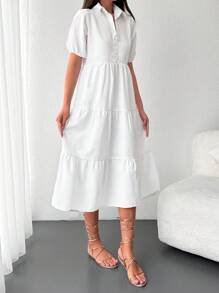 EURMUSE Puff Sleeve Ruffle Hem Dress - White - View 5