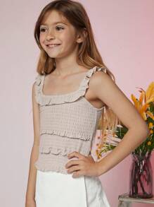 Tween Girl Shirred Ruffle Wide Strap Top - Apricot - View 4