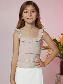 Tween Girl Shirred Ruffle Wide Strap Top - Apricot - View 5