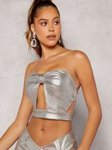 Hauture 金屬剪裁蝴蝶結字母管型短款背心 - 銀色 - 查看 5