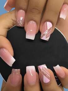 ROMWE 24pcs Long Square Glitter Fake Nail & 1sheet Tape - White - View 1