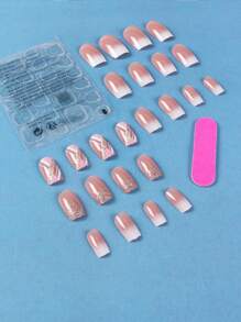 ROMWE 24pcs Long Square Glitter Fake Nail & 1sheet Tape - White - View 2