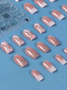 ROMWE 24pcs Long Square Glitter Fake Nail & 1sheet Tape - White - View 5