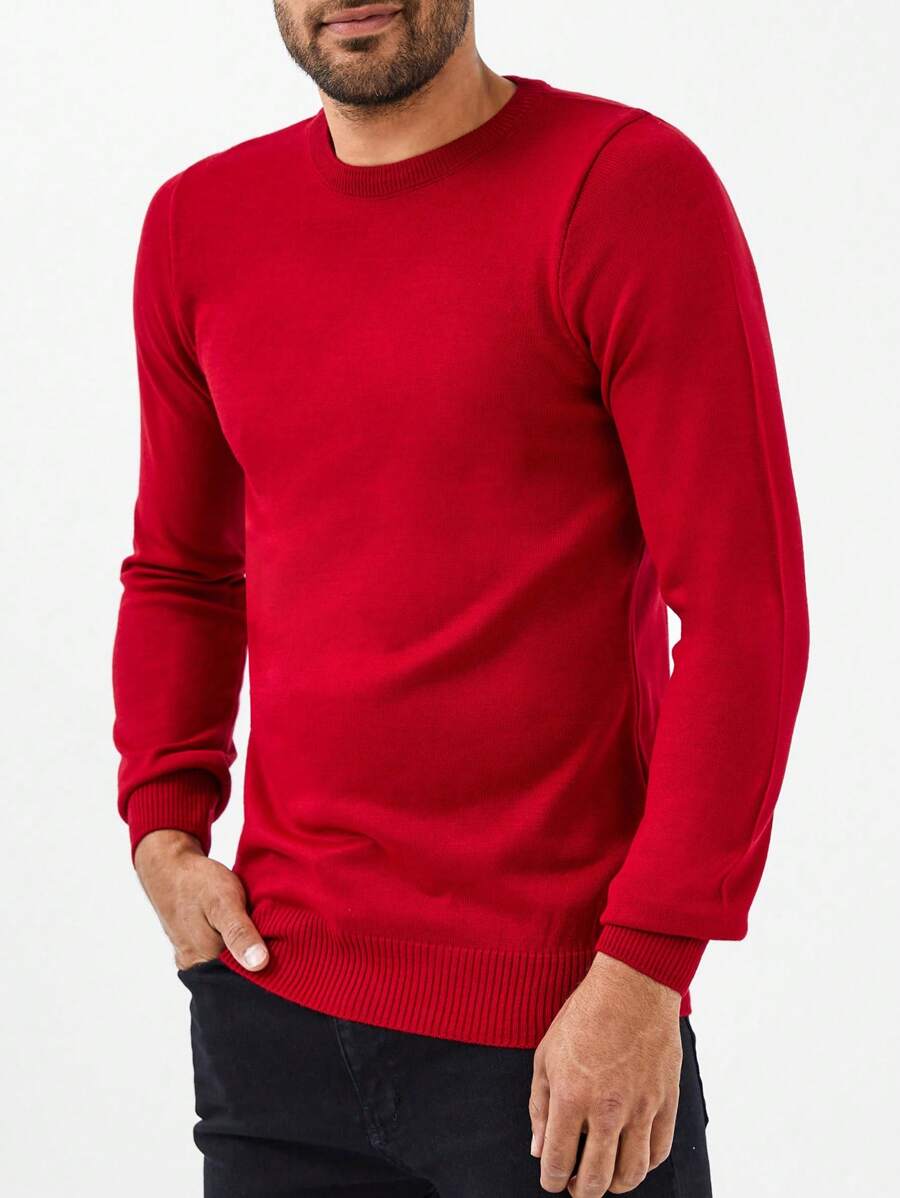 RueChic Men Solid Round Neck Jumper - Red - View 1