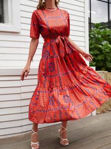 EURMUSE In hoa Xù Hoa Sen Váy có thắt lưng - Màu Cam cháy - Xem 5