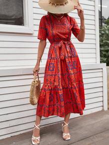 EURMUSE In hoa Xù Hoa Sen Váy có thắt lưng - Màu Cam cháy - Xem 2