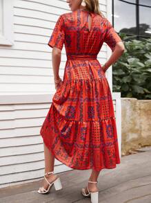 EURMUSE In hoa Xù Hoa Sen Váy có thắt lưng - Màu Cam cháy - Xem 4