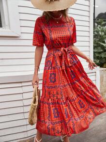 EURMUSE In hoa Xù Hoa Sen Váy có thắt lưng - Màu Cam cháy - Xem 1