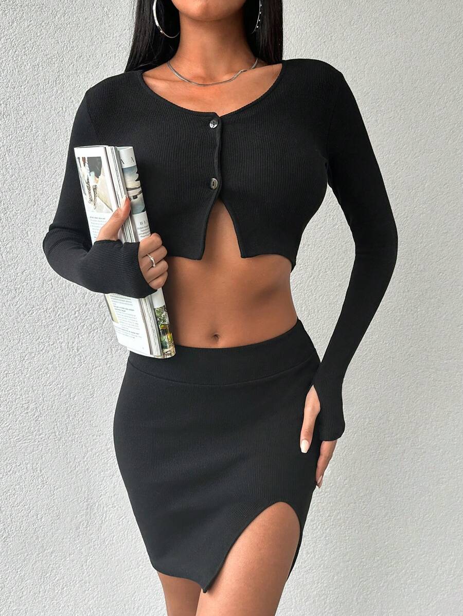 RueChic Sexy Long Sleeve Button Front Crop Top And Slit Bodycon Skirt - Black - View 1
