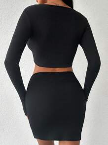 RueChic Sexy Long Sleeve Button Front Crop Top And Slit Bodycon Skirt - Black - View 2