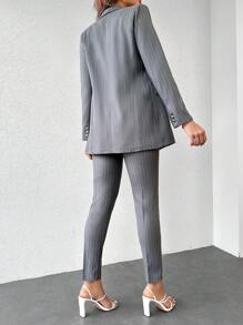 SHEIN Cottnline Striped Print Double Breasted Blazer & Trousers - Grey - View 2