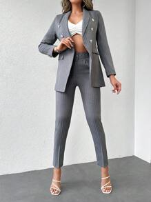 SHEIN Cottnline Striped Print Double Breasted Blazer & Trousers - Grey - View 4