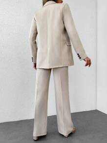 EURMUSE Bộ vest và quần dài tay đơn giản cổ ve màu trơn dành cho nữ - Màu be - Xem 2