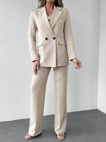 EURMUSE Bộ vest và quần dài tay đơn giản cổ ve màu trơn dành cho nữ - Màu be - Xem 3