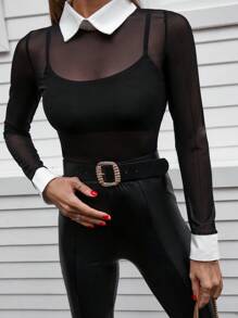 EURMUSE 拼接領透視網紗襯衫不附吊帶上衣 - 黑色 - 查看 3