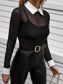 EURMUSE 拼接領透視網紗襯衫不附吊帶上衣 - 黑色 - 查看 4