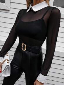 EURMUSE 拼接領透視網紗襯衫不附吊帶上衣 - 黑色 - 查看 5