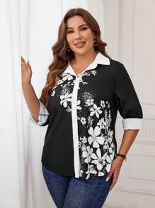 EMERY ROSE 大碼印花拼接邊襯衫 - 黑與白 - 查看 4