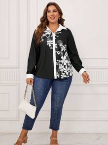 EMERY ROSE 大碼印花拼接邊襯衫 - 黑與白 - 查看 3